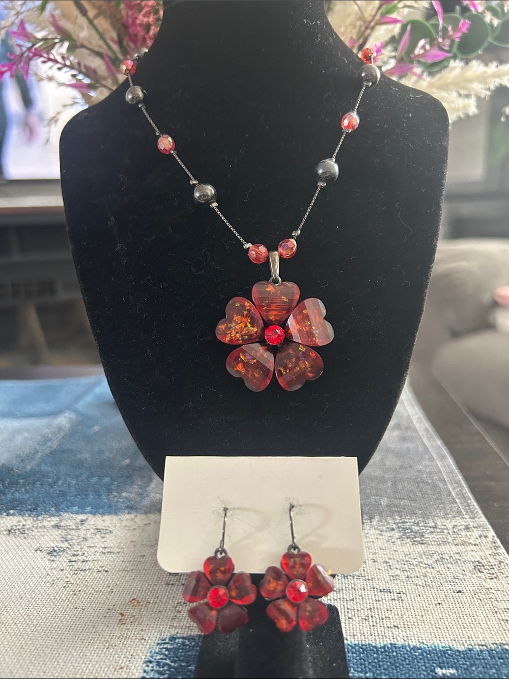 Red Floral Crystal Necklace & Earring Set
